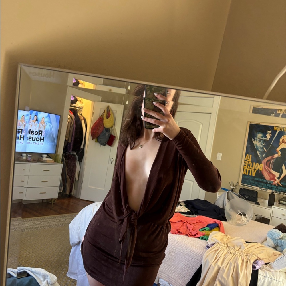 Elegant Brown Plunge Dress